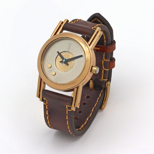 Retro futuristic wristwatch with brown leather strap and bronze casing on a white background