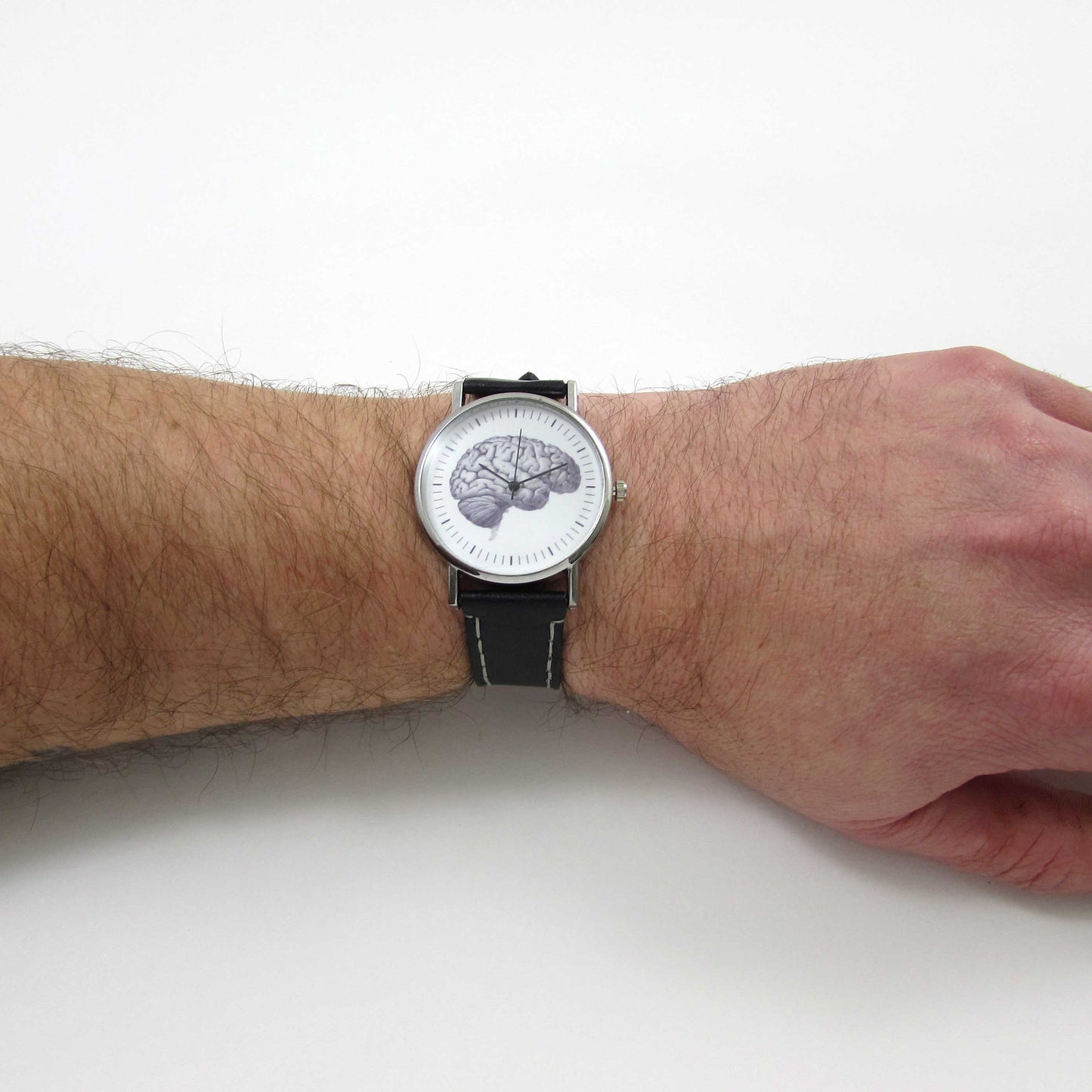 Anatomical Brain Black Leather Watch displayed on a wrist