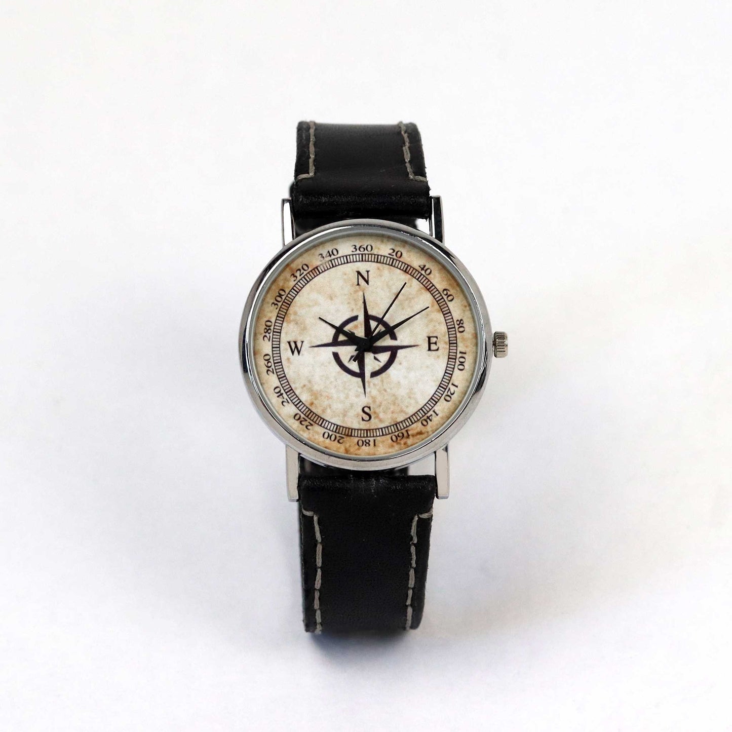 compass wrist watch with black leather band