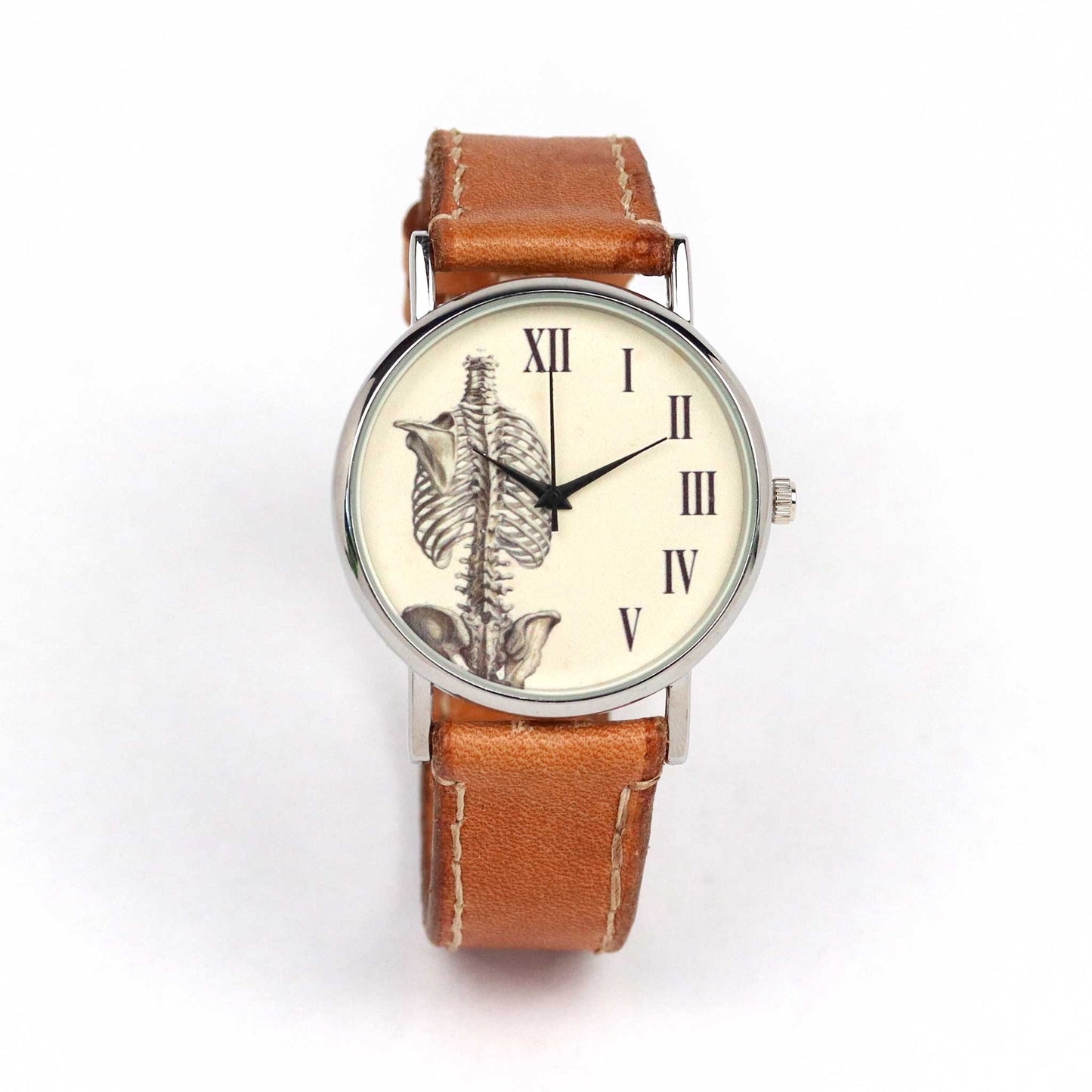 skeletal system wrist watch with a brown strap