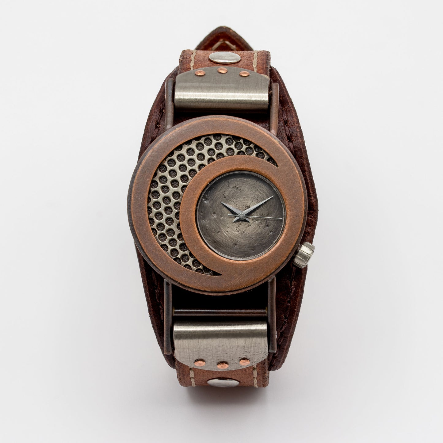 Copper wristwatch with metal accents on a white background