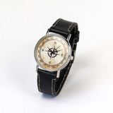compass rose wrist watch with black leather band