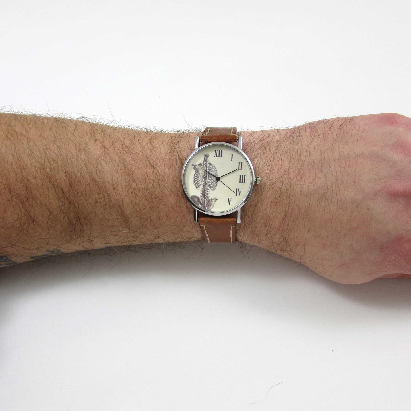 Anatomical Rib Brown Leather Watch displayed on a wrist