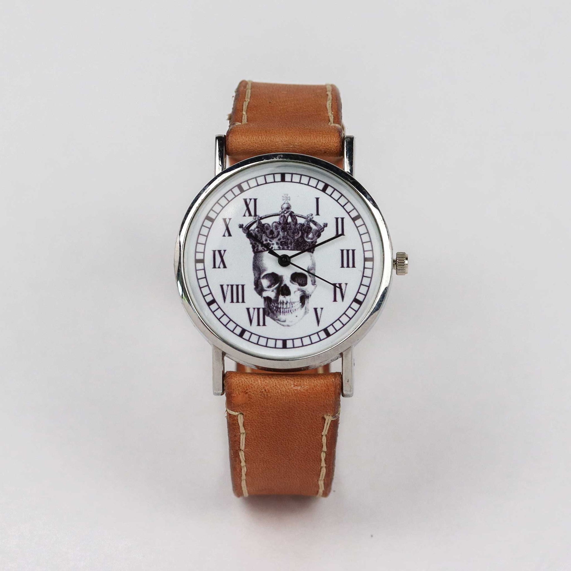 Skull and Crown Wrist Watch with Leather Strap